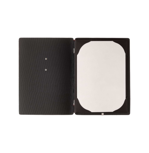 Porta Menu A5 (16,5x23,1 cm) etichetta METAL "personalizzata" (minimo 18 pezzi) 2 buste (4 facciate) elastico rosso JUTA NERO