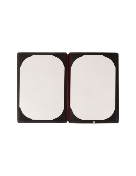Porta Menu A5 (16,5x23,1 cm) etichetta METAL "personalizzata" (minimo 18 pezzi) 2 buste (4 facciate) elastico rosso JUTA NERO
