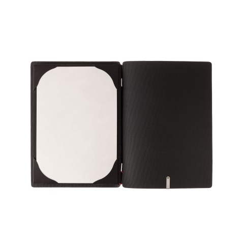Porta Menu A5 (16,5x23,1 cm) etichetta METAL "personalizzata" (minimo 18 pezzi) 2 buste (4 facciate) elastico rosso JUTA NERO