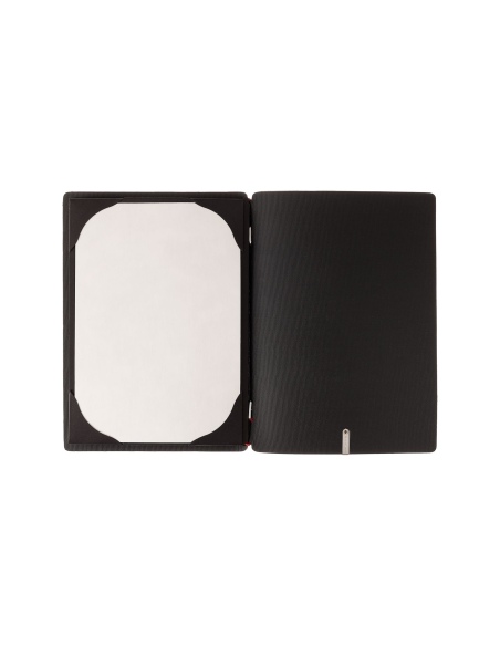Porta Menu A5 (16,5x23,1 cm) etichetta METAL "personalizzata" (minimo 18 pezzi) 2 buste (4 facciate) elastico rosso JUTA NERO