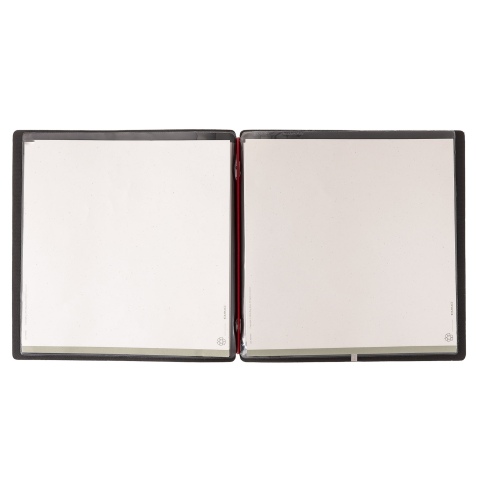 Porta Menu QUADRATO (23x23,1 cm) etichetta METAL "personalizzata" (minimo 18 pezzi) 2 buste (4 facciate) elastico rosso JUTA NER