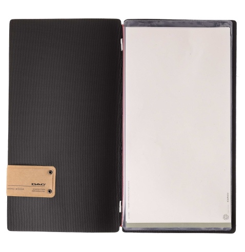 Porta Menu A4 SLIM (17,4x31,8 cm) etichetta PATCH "personalizzata" (minimo 18 pezzi) 2 buste (4 facciate) elastico rosso JUTA NE