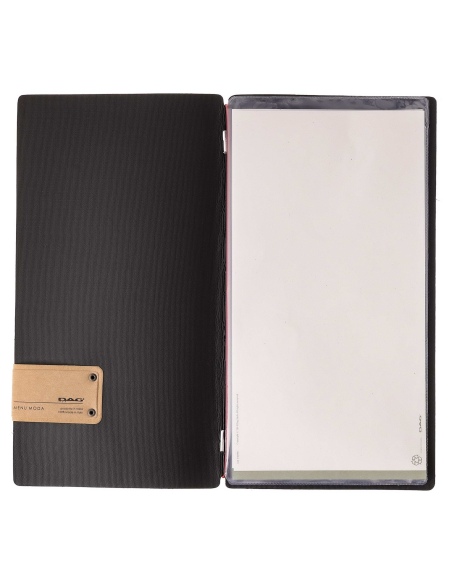 Porta Menu A4 SLIM (17,4x31,8 cm) etichetta PATCH "personalizzata" (minimo 18 pezzi) 2 buste (4 facciate) elastico rosso JUTA NE
