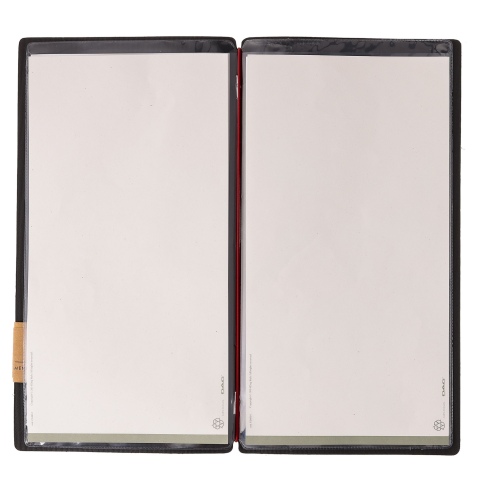Porta Menu A4 SLIM (17,4x31,8 cm) etichetta PATCH "personalizzata" (minimo 18 pezzi) 2 buste (4 facciate) elastico rosso JUTA NE