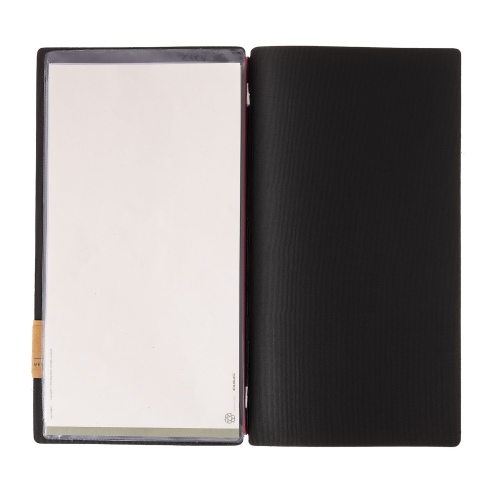 Porta Menu A4 SLIM (17,4x31,8 cm) etichetta PATCH "personalizzata" (minimo 18 pezzi) 2 buste (4 facciate) elastico rosso JUTA NE