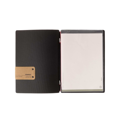 Porta Menu A5 (16,5x23,1 cm) etichetta PATCH "personalizzata" (minimo 18 pezzi) 2 buste (4 facciate) elastico rosso JUTA NERO