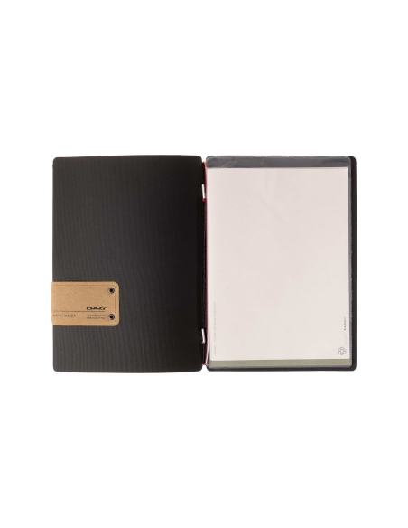 Porta Menu A5 (16,5x23,1 cm) etichetta PATCH "personalizzata" (minimo 18 pezzi) 2 buste (4 facciate) elastico rosso JUTA NERO