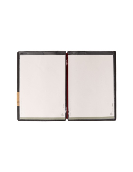 Porta Menu A5 (16,5x23,1 cm) etichetta PATCH "personalizzata" (minimo 18 pezzi) 2 buste (4 facciate) elastico rosso JUTA NERO
