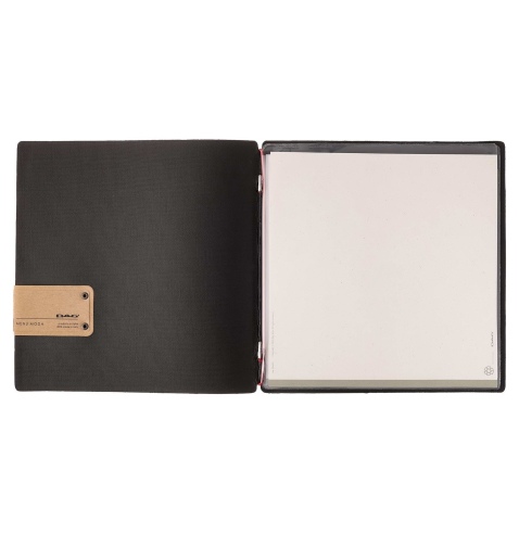 Porta Menu QUADRATO (23x23,1 cm) etichetta PATCH "personalizzata" (minimo 18 pezzi) 2 buste (4 facciate) elastico rosso JUTA NER
