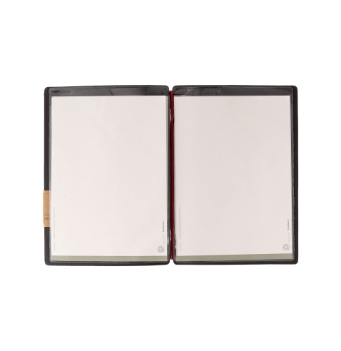 Porta Menu A5 (16,5x23,1 cm) etichetta PATCH "menu" 2 buste (4 facciate) elastico rosso JUTA NERO