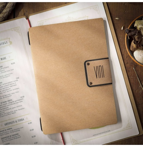 Porta Menu A5 (16,5x23,1 cm) etichetta PATCH "menu" 2 buste (4 facciate) elastico nero ECOMENU NATURALE sp. 0.6