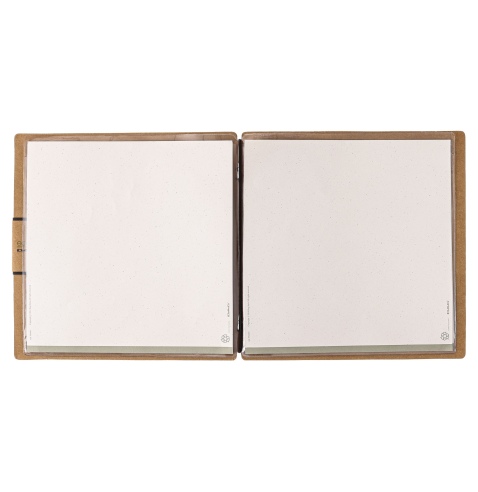 Porta Menu QUADRATO (23x23,1 cm) etichetta PATCH "menu" 2 buste (4 facciate) elastico nero ECOMENU NATURALE sp. 0.6