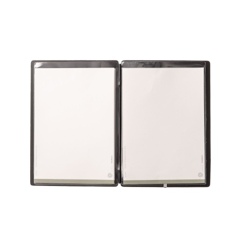 Porta Menu A5 (16,5x23,1 cm) etichetta METAL "personalizzata" (minimo 18 pezzi) 2 buste (4 facciate) elastico nero CHEF NERO