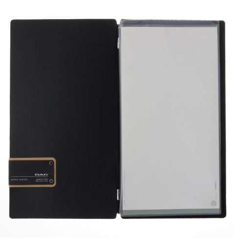 Porta Menu A4 SLIM (17,4x31,8 cm) etichetta PATCH "personalizzata" (minimo 18 pezzi) 2 buste (4 facciate) elastico nero CHEF NER