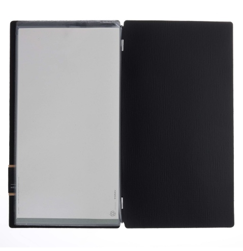 Porta Menu A4 SLIM (17,4x31,8 cm) etichetta PATCH "personalizzata" (minimo 18 pezzi) 2 buste (4 facciate) elastico nero CHEF NER