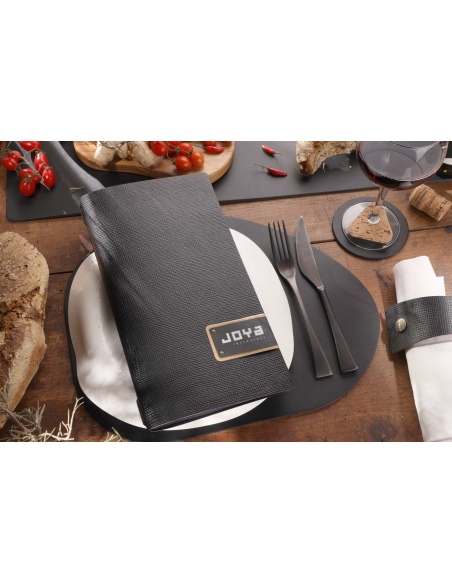 Porta Menu A4 SLIM (17,4x31,8 cm) etichetta PATCH "personalizzata" (minimo 18 pezzi) 2 buste (4 facciate) elastico nero CHEF NER