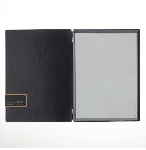 Porta Menu A4 (23,2x31,8 cm) etichetta PATCH "personalizzata" (minimo 18 pezzi) 2 buste (4 facciate) elastico nero CHEF NERO