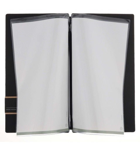 Porta Menu A4 SLIM (17,4x31,8 cm) etichetta PATCH "menu" 2 buste (4 facciate) elastico nero CHEF NERO