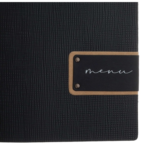 Porta Menu A4 SLIM (17,4x31,8 cm) etichetta PATCH "menu" 2 buste (4 facciate) elastico nero CHEF NERO
