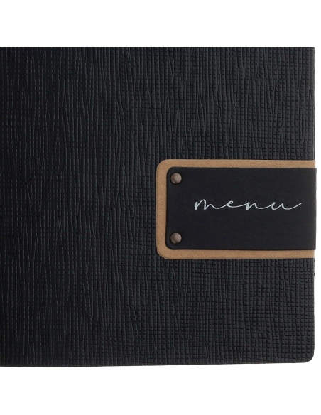 Porta Menu A4 SLIM (17,4x31,8 cm) etichetta PATCH "menu" 2 buste (4 facciate) elastico nero CHEF NERO