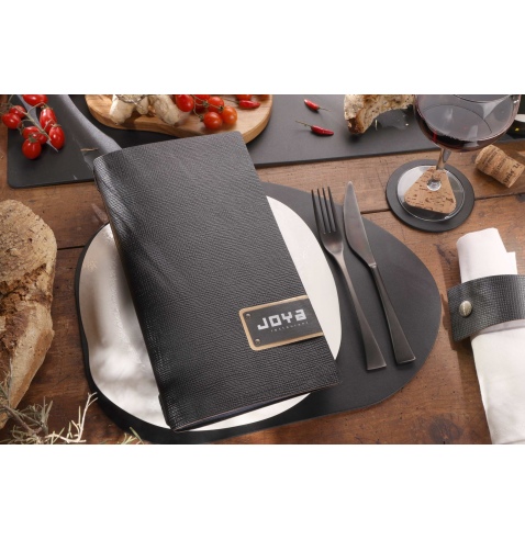 Porta Menu A4 SLIM (17,4x31,8 cm) etichetta PATCH "menu" 2 buste (4 facciate) elastico nero CHEF NERO