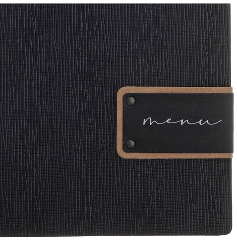 Porta Menu A4 (23,2x31,8 cm) etichetta PATCH "menu" 2 buste (4 facciate) elastico nero CHEF NERO