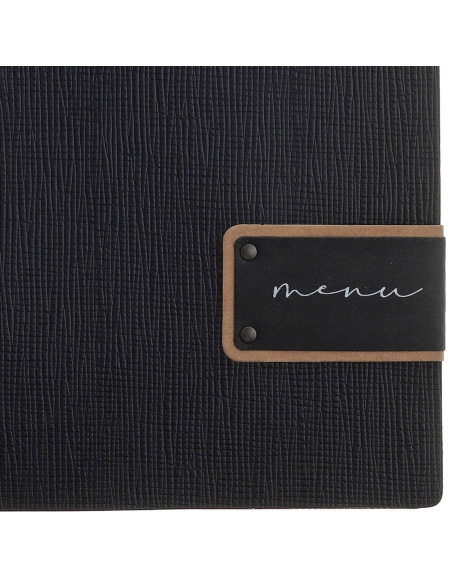 Porta Menu A4 (23,2x31,8 cm) etichetta PATCH "menu" 2 buste (4 facciate) elastico nero CHEF NERO