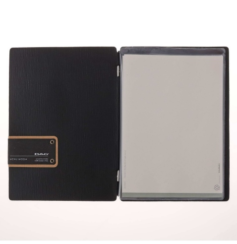 Porta Menu A5 (16,5x23,1 cm) etichetta PATCH "menu" 2 buste (4 facciate) elastico nero CHEF NERO