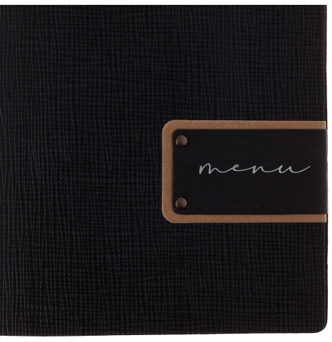 Porta Menu A5 (16,5x23,1 cm) etichetta PATCH "menu" 2 buste (4 facciate) elastico nero CHEF NERO