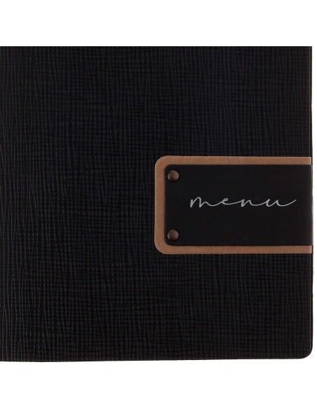Porta Menu A5 (16,5x23,1 cm) etichetta PATCH "menu" 2 buste (4 facciate) elastico nero CHEF NERO