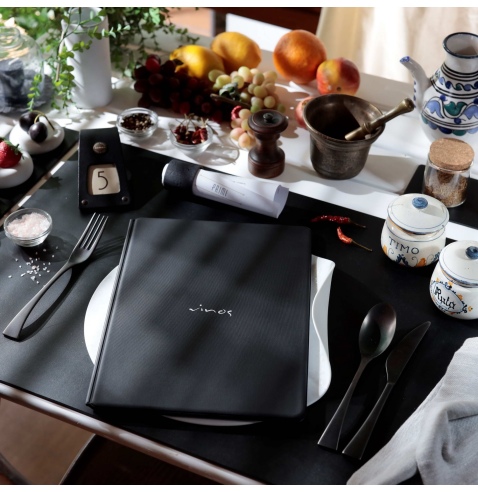 OUTLET - Porta menu in PVC termosaldato - formato A4 - colore nero - 6+2 buste - scritta vinos