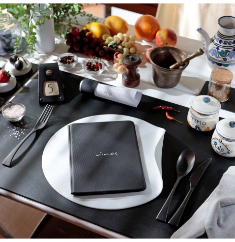 OUTLET - Porta menu in PVC termosaldato - formato GOLFO - colore nero - 6+2 buste - scritta vinos