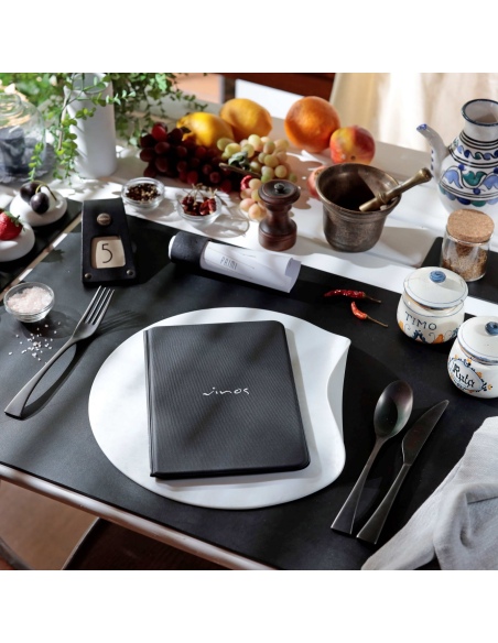 OUTLET - Porta menu in PVC termosaldato - formato GOLFO - colore nero - 6+2 buste - scritta vinos