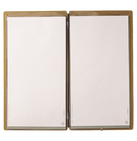 Porta Menu A4 SLIM (17,4x31,8 cm) etichetta METAL "personalizzata" (minimo 18 pezzi) 2 buste (4 facciate) elastico nero CHEF OCR