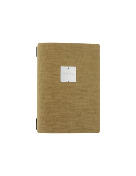 Porta Menu A5 (16,5x23,1 cm) etichetta METAL "personalizzata" (minimo 18 pezzi) 2 buste (4 facciate) elastico nero CHEF OCRA