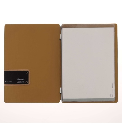 Porta Menu A5 (16,5x23,1 cm) etichetta PATCH "personalizzata" (minimo 18 pezzi) 2 buste (4 facciate) elastico nero CHEF OCRA