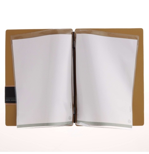 Porta Menu A5 (16,5x23,1 cm) etichetta PATCH "personalizzata" (minimo 18 pezzi) 2 buste (4 facciate) elastico nero CHEF OCRA