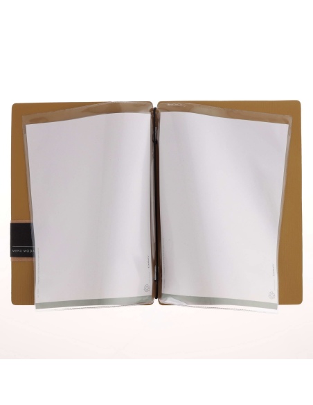 Porta Menu A5 (16,5x23,1 cm) etichetta PATCH "personalizzata" (minimo 18 pezzi) 2 buste (4 facciate) elastico nero CHEF OCRA