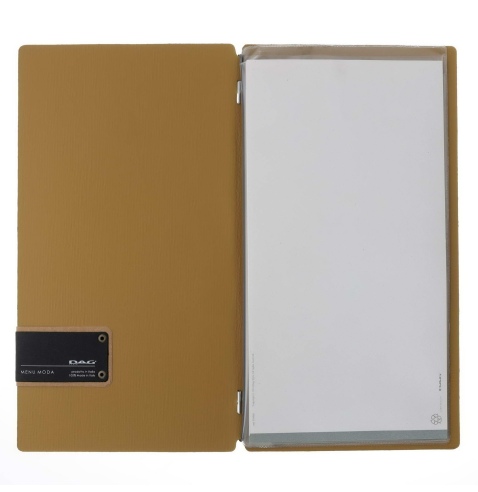 Porta Menu A4 SLIM (17,4x31,8 cm) etichetta PATCH "menu" 2 buste (4 facciate) elastico nero CHEF OCRA