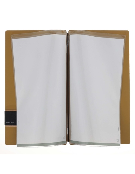 Porta Menu A4 SLIM (17,4x31,8 cm) etichetta PATCH "menu" 2 buste (4 facciate) elastico nero CHEF OCRA