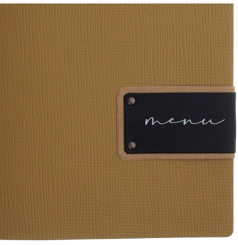 Porta Menu A4 SLIM (17,4x31,8 cm) etichetta PATCH "menu" 2 buste (4 facciate) elastico nero CHEF OCRA
