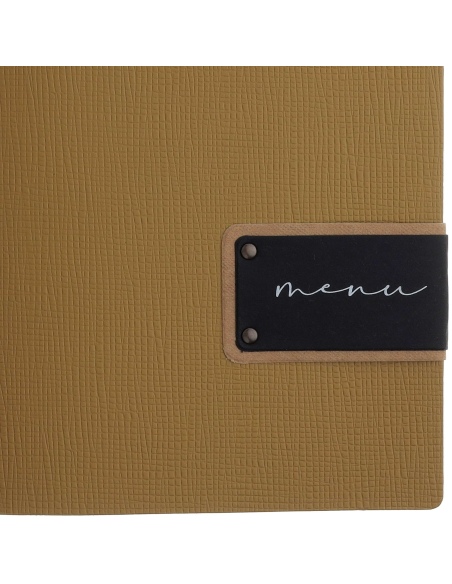 Porta Menu A4 SLIM (17,4x31,8 cm) etichetta PATCH "menu" 2 buste (4 facciate) elastico nero CHEF OCRA