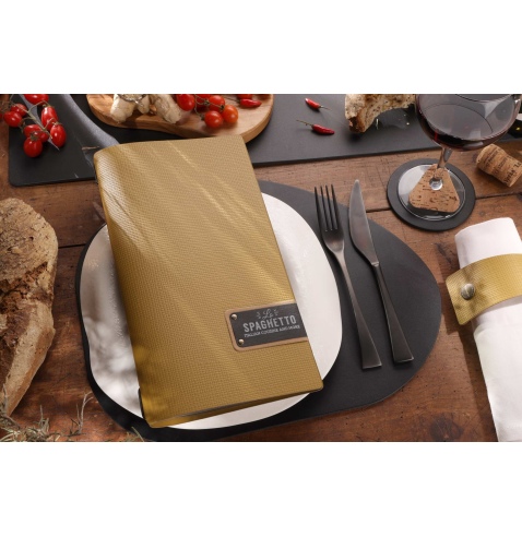 Porta Menu A4 SLIM (17,4x31,8 cm) etichetta PATCH "menu" 2 buste (4 facciate) elastico nero CHEF OCRA