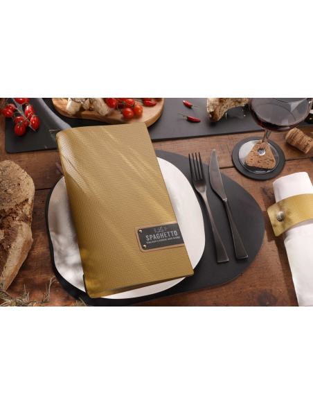 Porta Menu A4 SLIM (17,4x31,8 cm) etichetta PATCH "menu" 2 buste (4 facciate) elastico nero CHEF OCRA