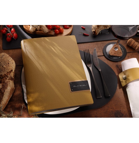 Porta Menu A4 (23,2x31,8 cm) etichetta PATCH "menu" 2 buste (4 facciate) elastico nero CHEF OCRA