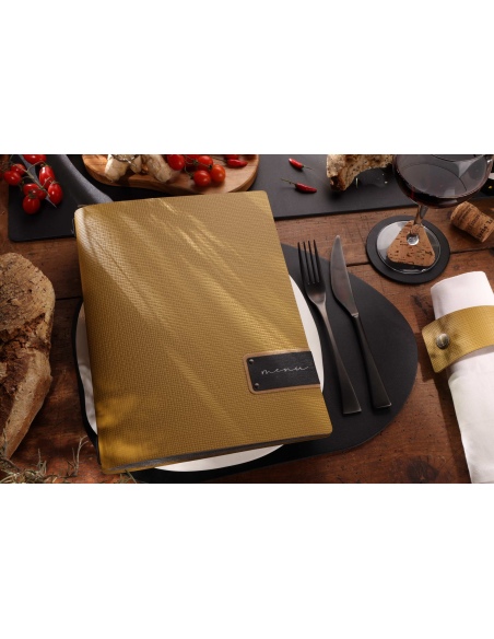 Porta Menu A4 (23,2x31,8 cm) etichetta PATCH "menu" 2 buste (4 facciate) elastico nero CHEF OCRA