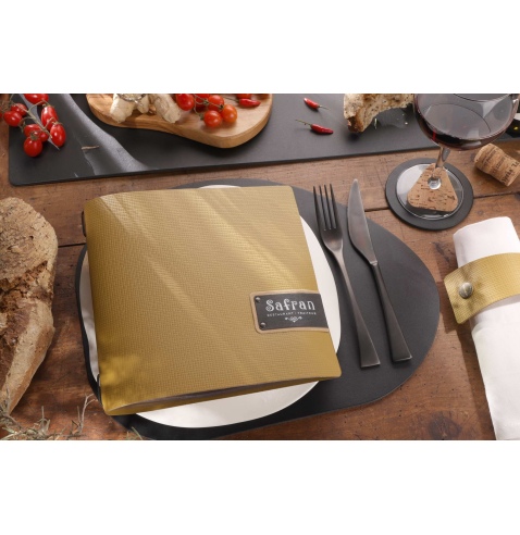 Porta Menu QUADRATO (23x23,1 cm) etichetta PATCH "menu" 2 buste (4 facciate) elastico nero CHEF OCRA