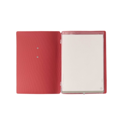 Porta Menu A5 (16,5x23,1 cm) etichetta METAL "menu" 2 buste (4 facciate) elastico rosso JUTA BICOLOR