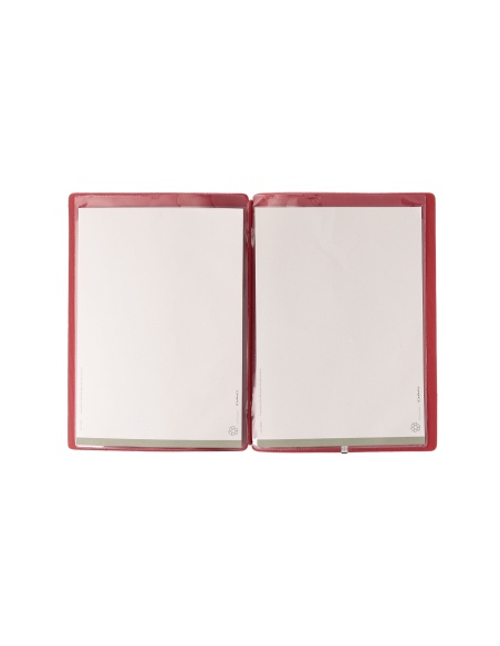Porta Menu A5 (16,5x23,1 cm) etichetta METAL "menu" 2 buste (4 facciate) elastico rosso JUTA BICOLOR