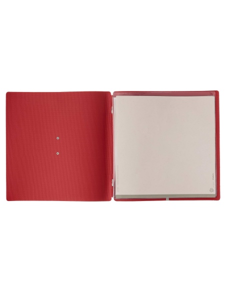 Porta Menu QUADRATO (23x23,1 cm) etichetta METAL "menu" 2 buste (4 facciate) elastico rosso JUTA BICOLOR